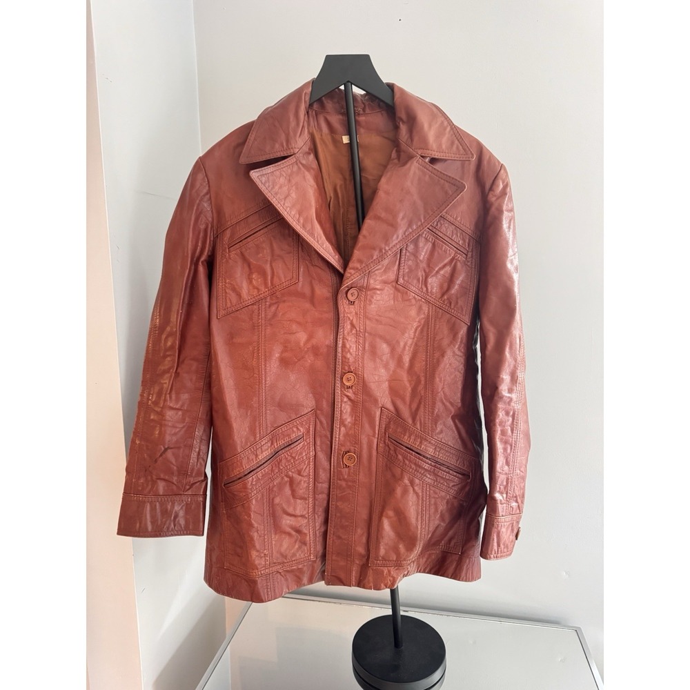 Vtg 70s Genuine Leather Coat Sz S Made in Israel Rust Brown Jacket Mod‎ Retro